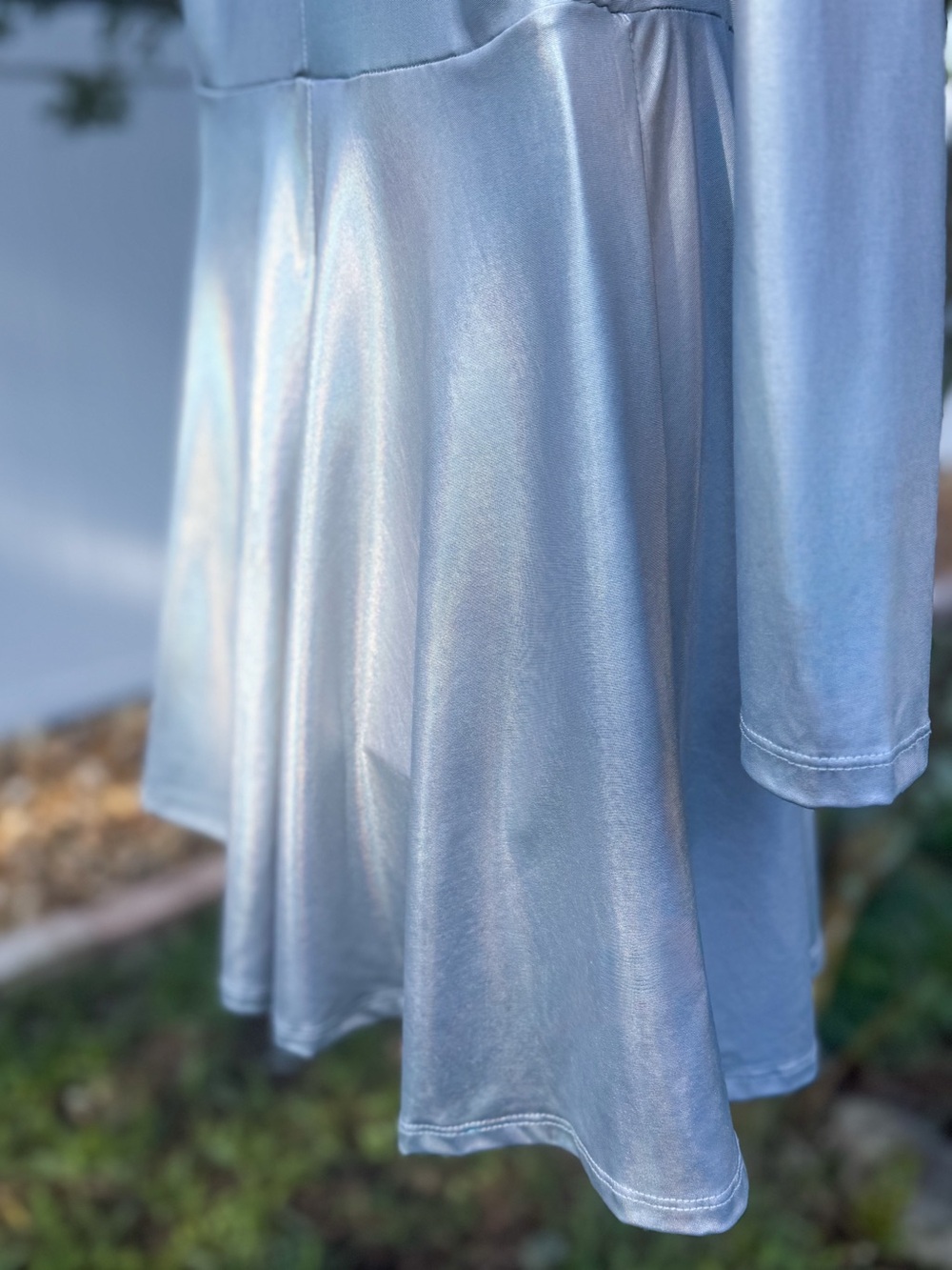 SPIRIT Silver Holographic Cold Shoulder Mock Neck Skater Dress Medium - Picture 9 of 9